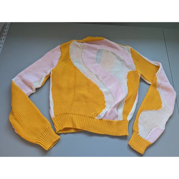 MCM See Through Inserts Color block Cotton Crop Cardigan Size S Yellow #1M455 - Picture 8 of 14